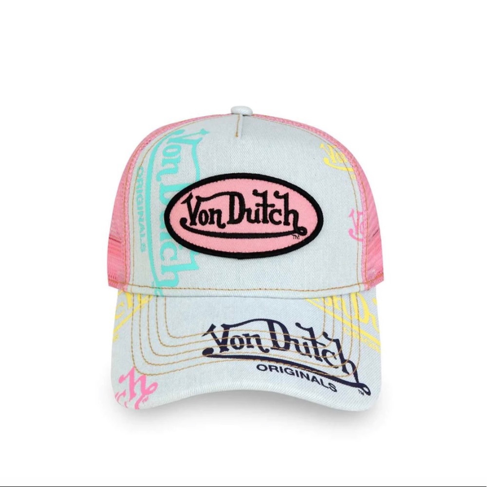Light denim pink logo trucker